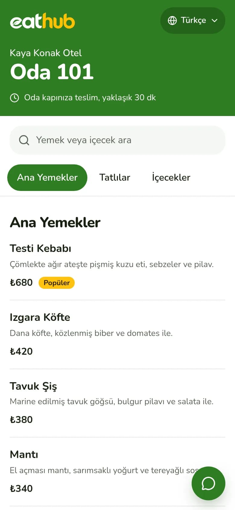 EatHub sipariş ekranı: misafirin telefonunda açılan menü